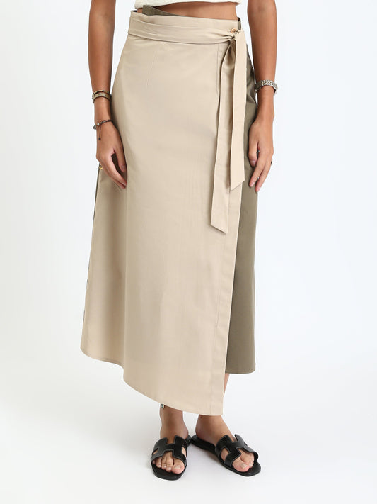 Gabardine Two-Tone Wrap Midi Skirt - Beige/Olive