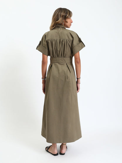 Gabardine Shirt-Style Belted Midi Dress - Olive