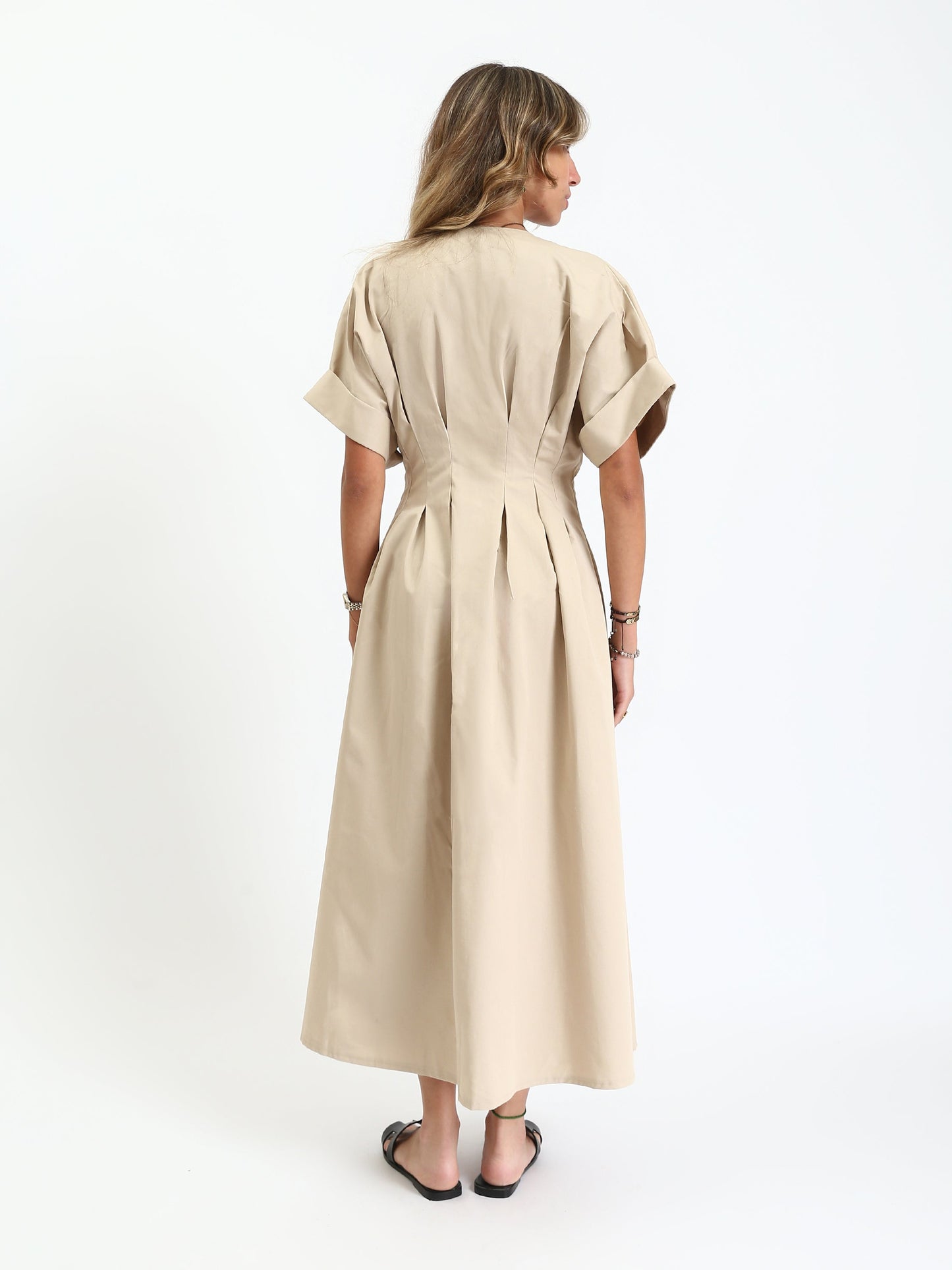 Gabardine Waist-Pleated Button-Down Midi Dress - Beige