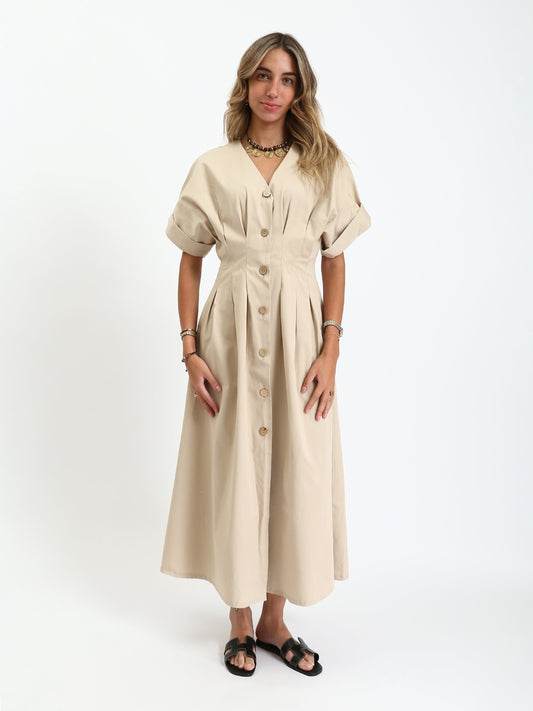 Gabardine Waist-Pleated Button-Down Midi Dress - Beige
