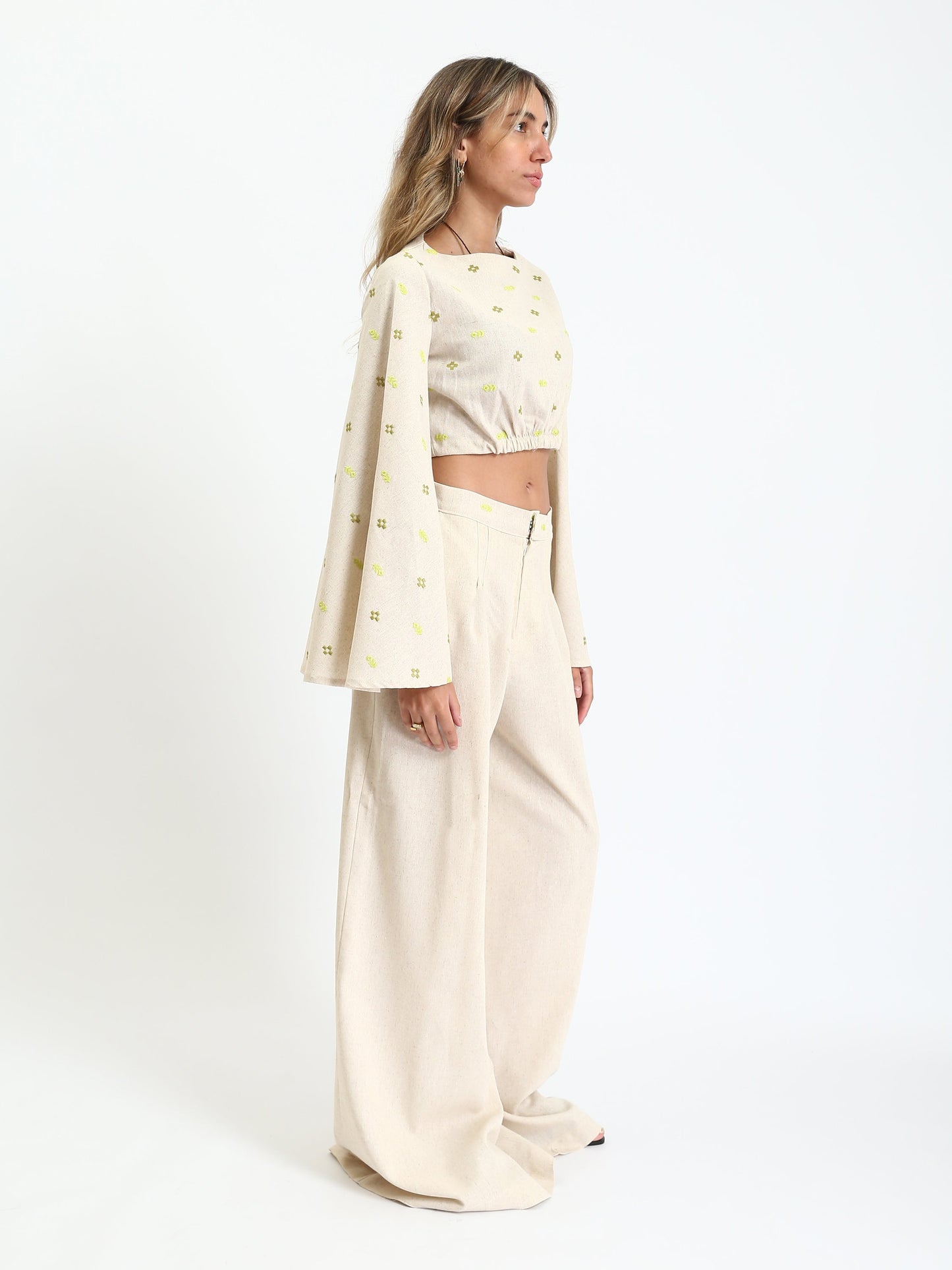 Linen Embroidered Set - Beige