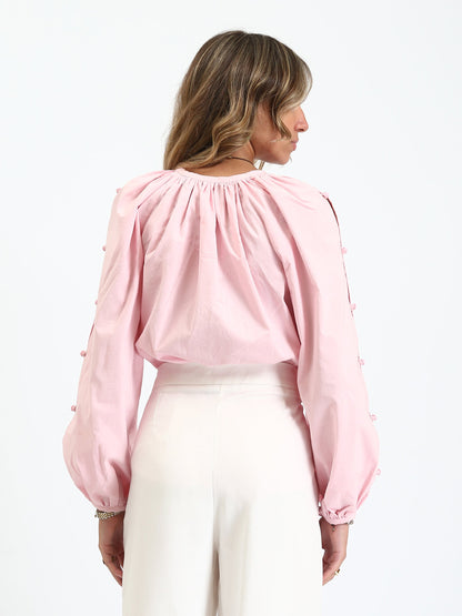 Poplin Elegant Balloon-Sleeve Blouse - Pink