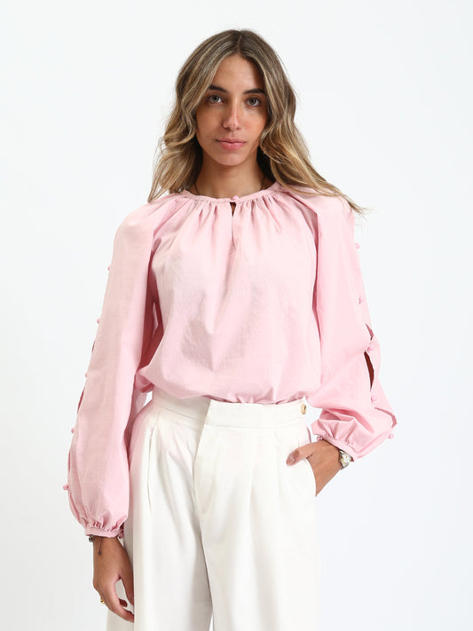 Poplin Elegant Balloon-Sleeve Blouse - Pink