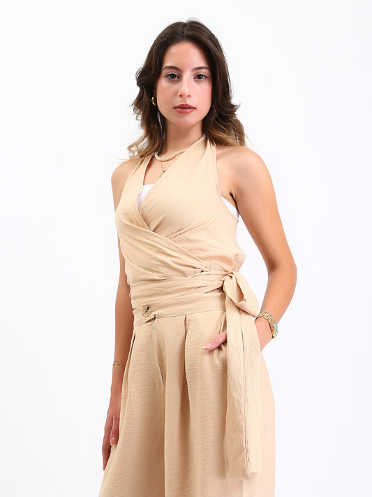 Linen Halter Wrap Top - Beige