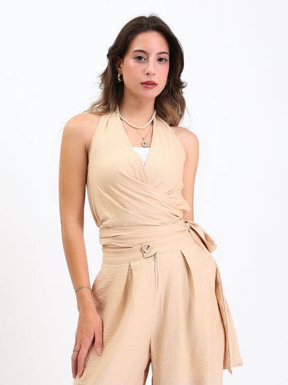 Linen Halter Wrap Top - Beige