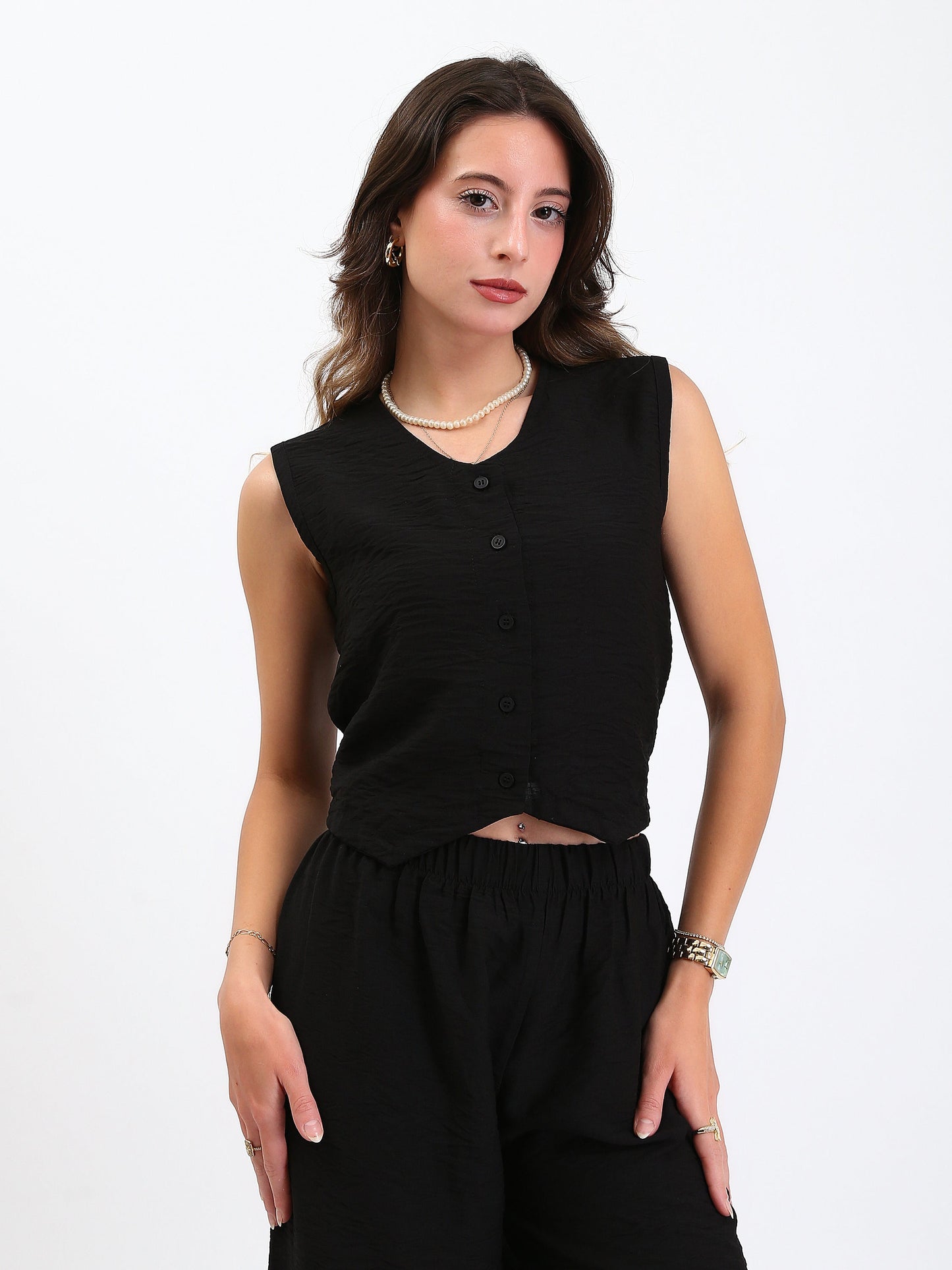 Linen Button Front Vest - Black