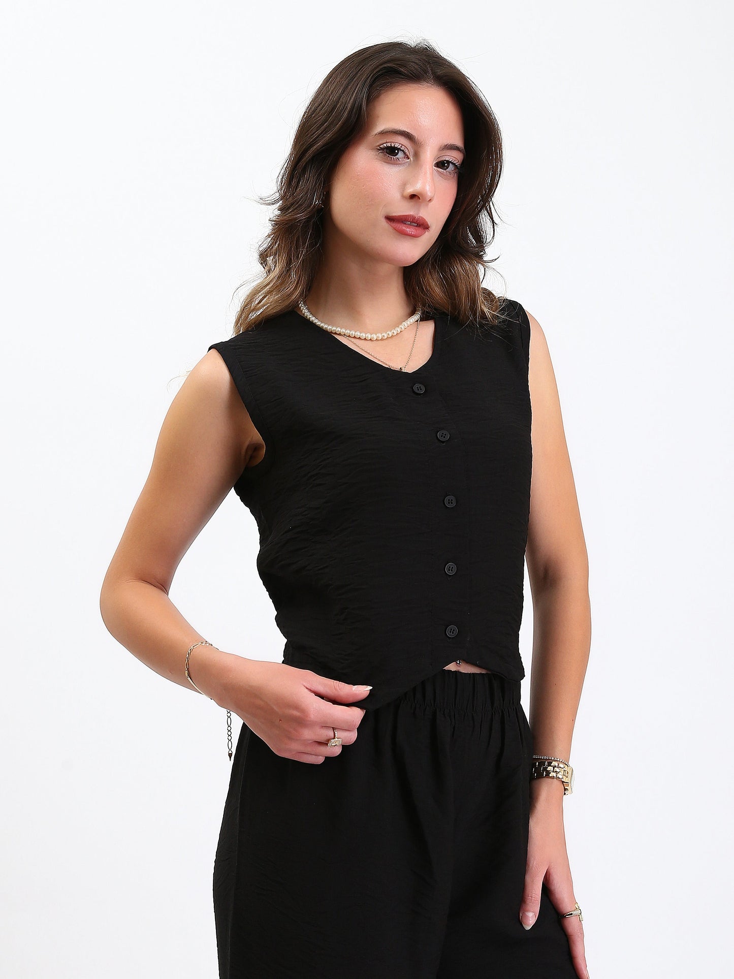 Linen Button Front Vest - Black