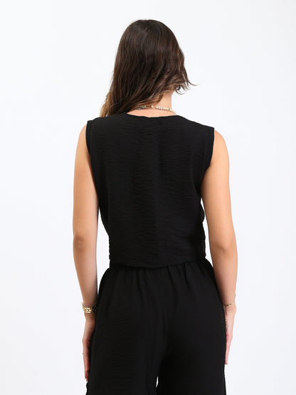 Linen Button Front Vest - Black