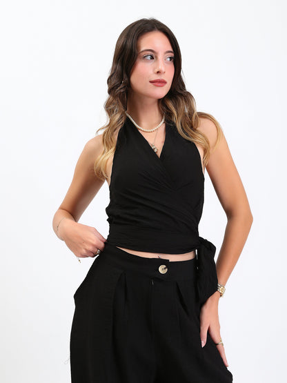 Linen Halter Wrap Top - Black
