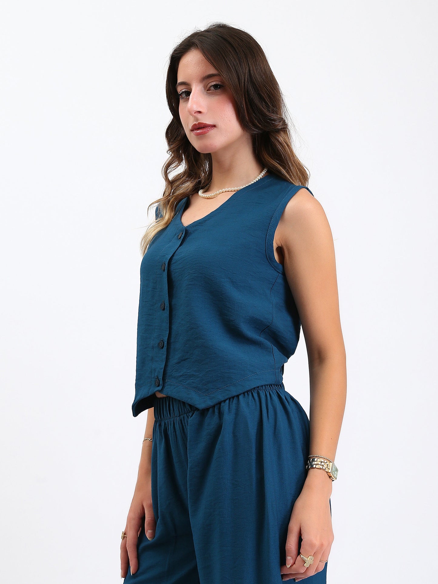 Linen Button Front Vest - French Blue