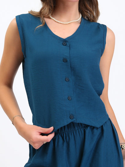 Linen Button Front Vest - French Blue