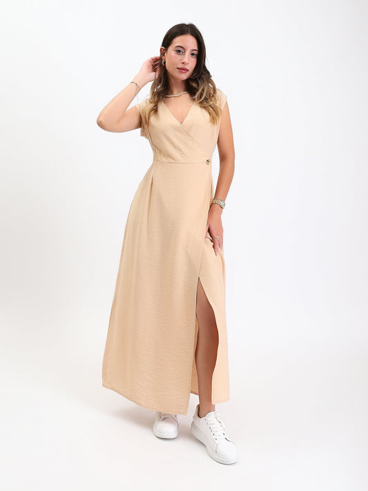 Linen Wide V-Neck Maxi Dress with Front Slit - Beige