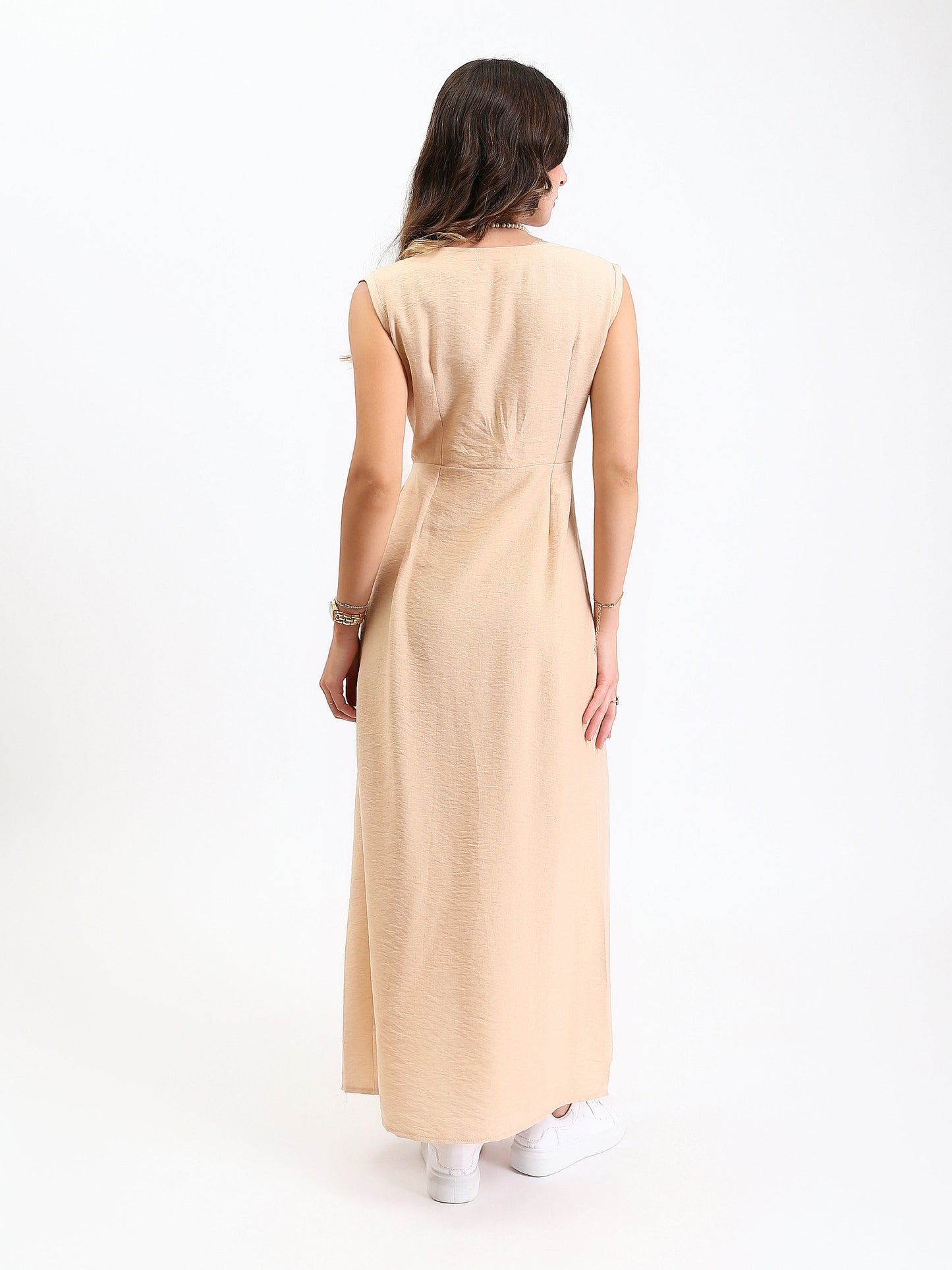 Linen Wide V-Neck Maxi Dress with Front Slit - Beige