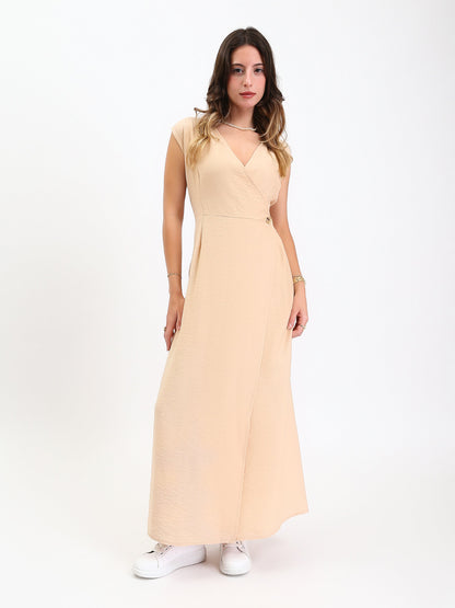 Linen Wide V-Neck Maxi Dress with Front Slit - Beige