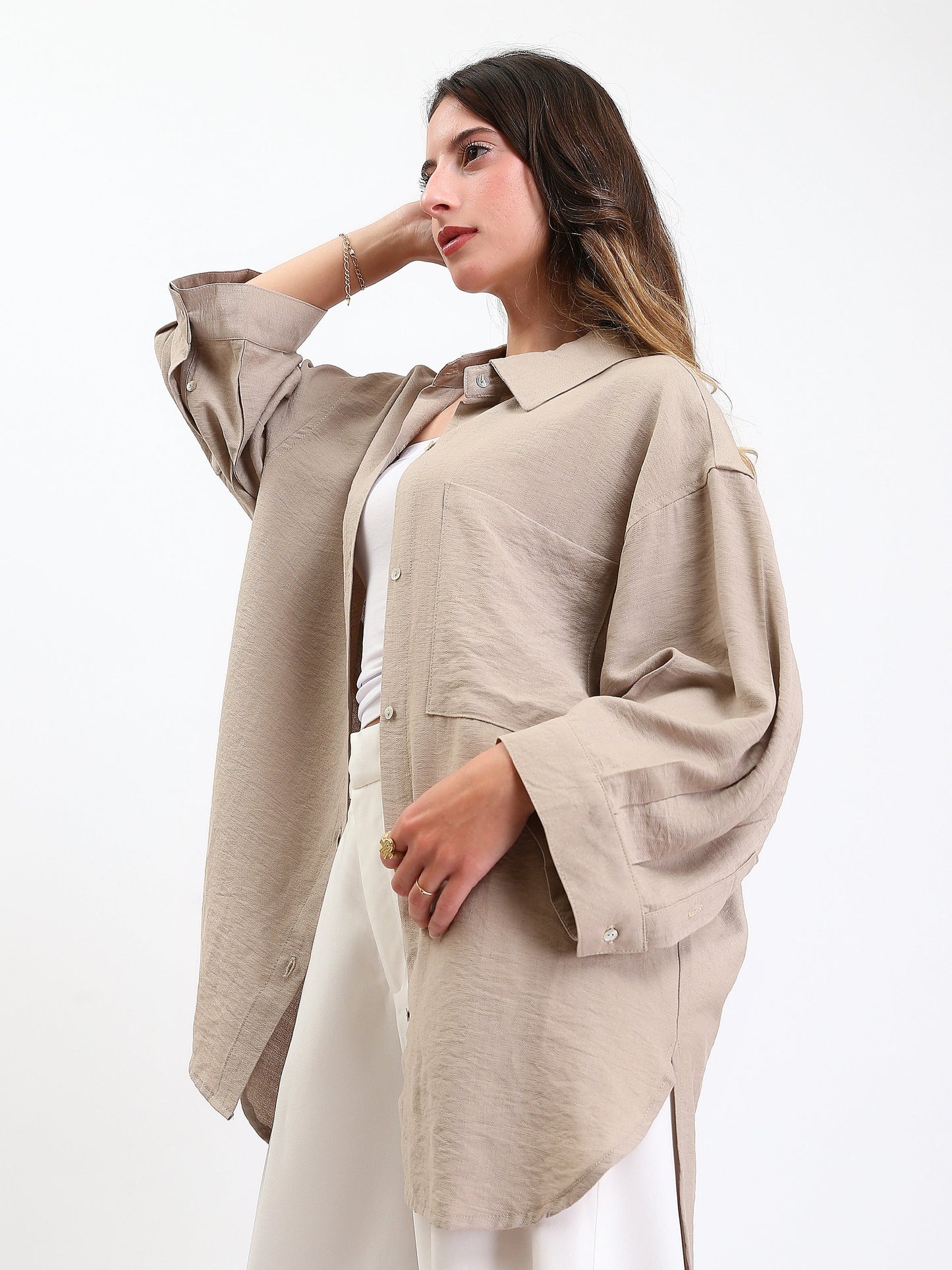 Linen Long Sleeves Relaxed Textured Shirt - Beige