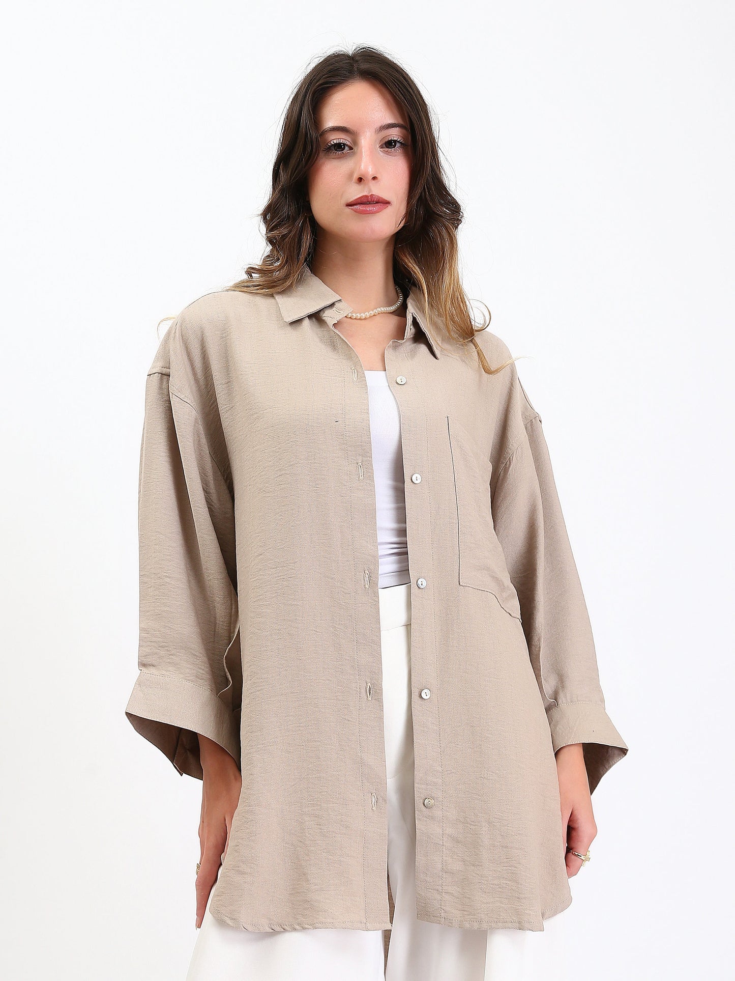 Linen Long Sleeves Relaxed Textured Shirt - Beige