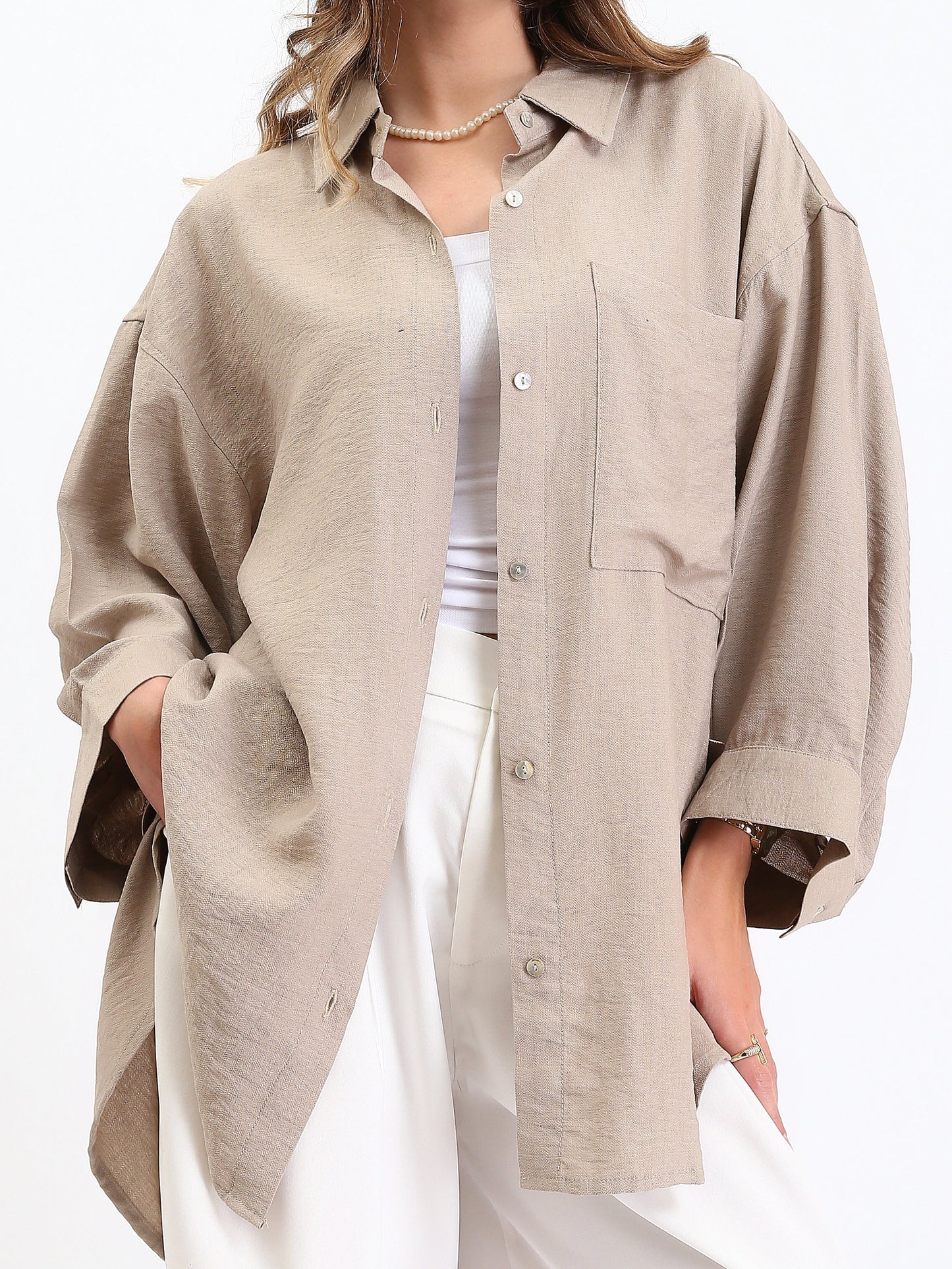Linen Long Sleeves Relaxed Textured Shirt - Beige
