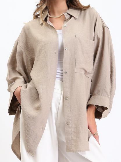 Linen Long Sleeves Relaxed Textured Shirt - Beige