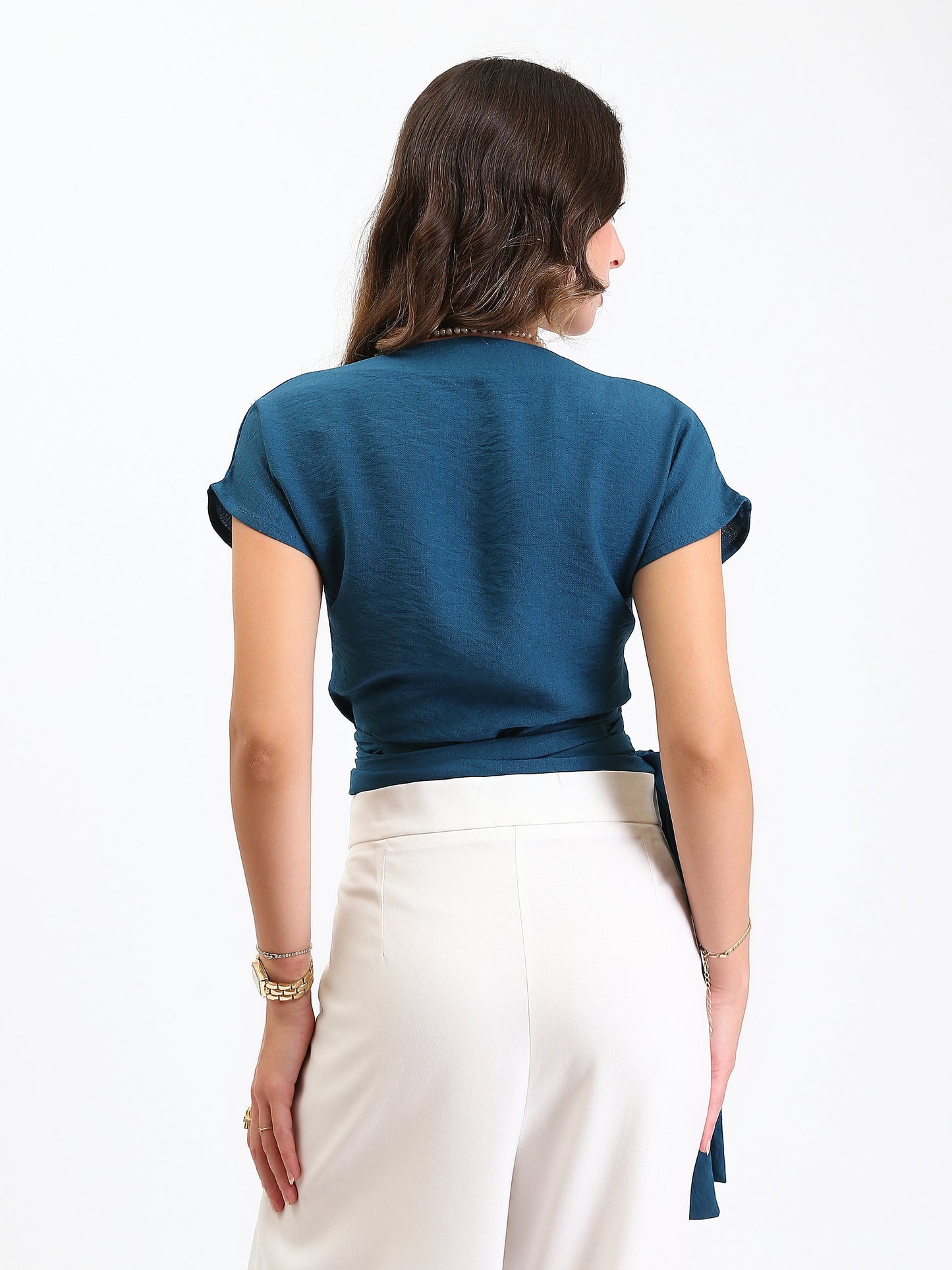 Linen Wrap-Front Top - French Blue