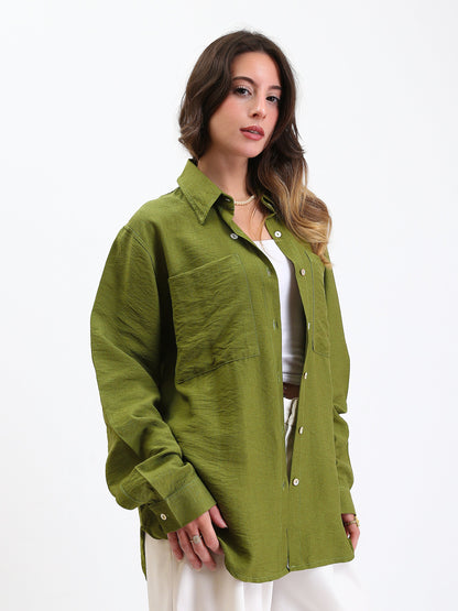 Linen Buttoned Casual Shirt with Front Pockets - Olive