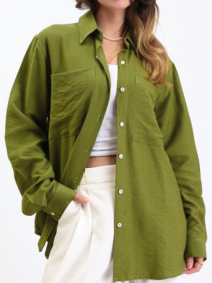 Linen Buttoned Casual Shirt with Front Pockets - Olive