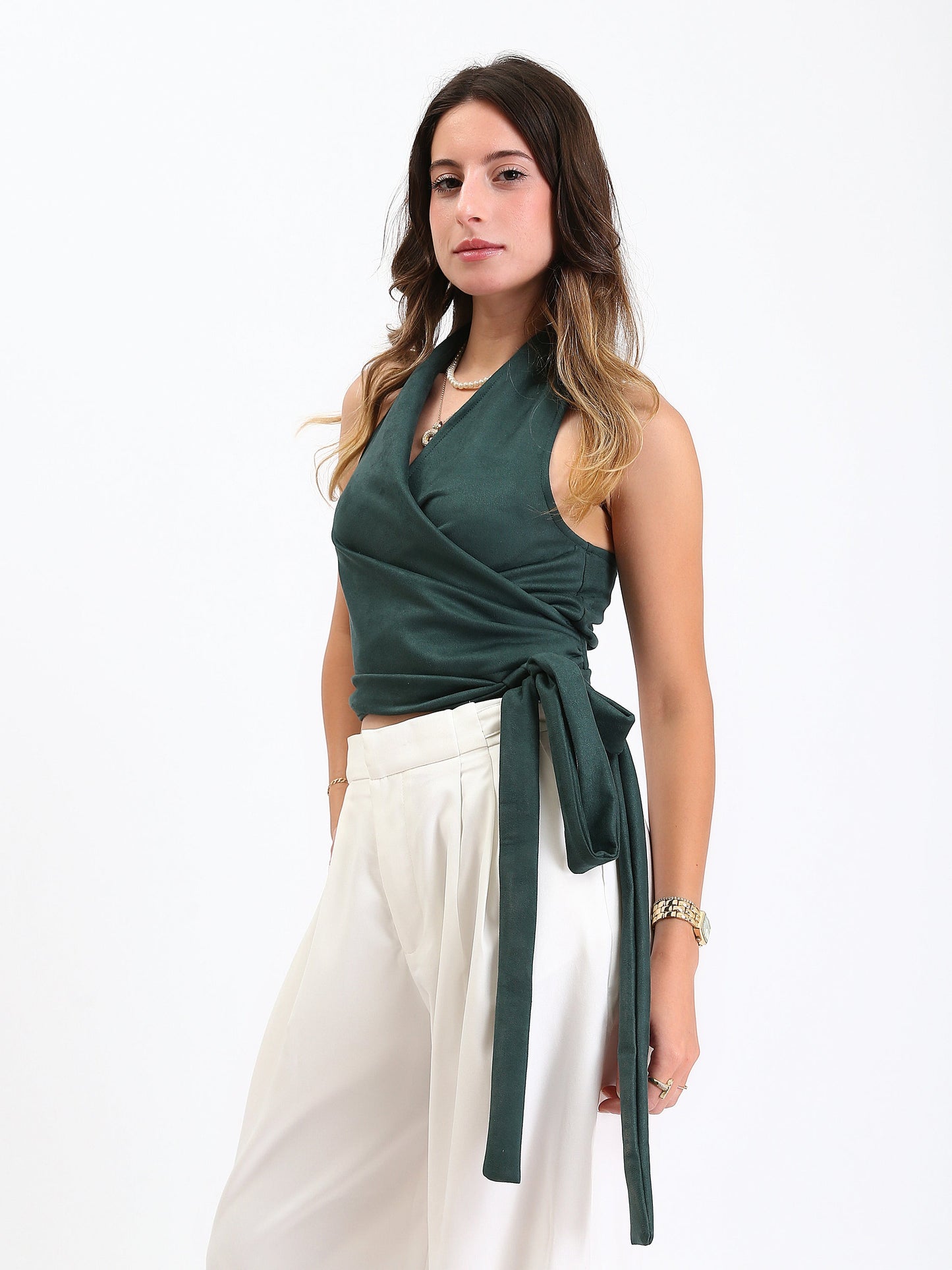 Suede Backless Wrap Halter Top - Green