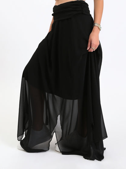 Chiffon Wide Waist Slip On Maxi Skirt - Black