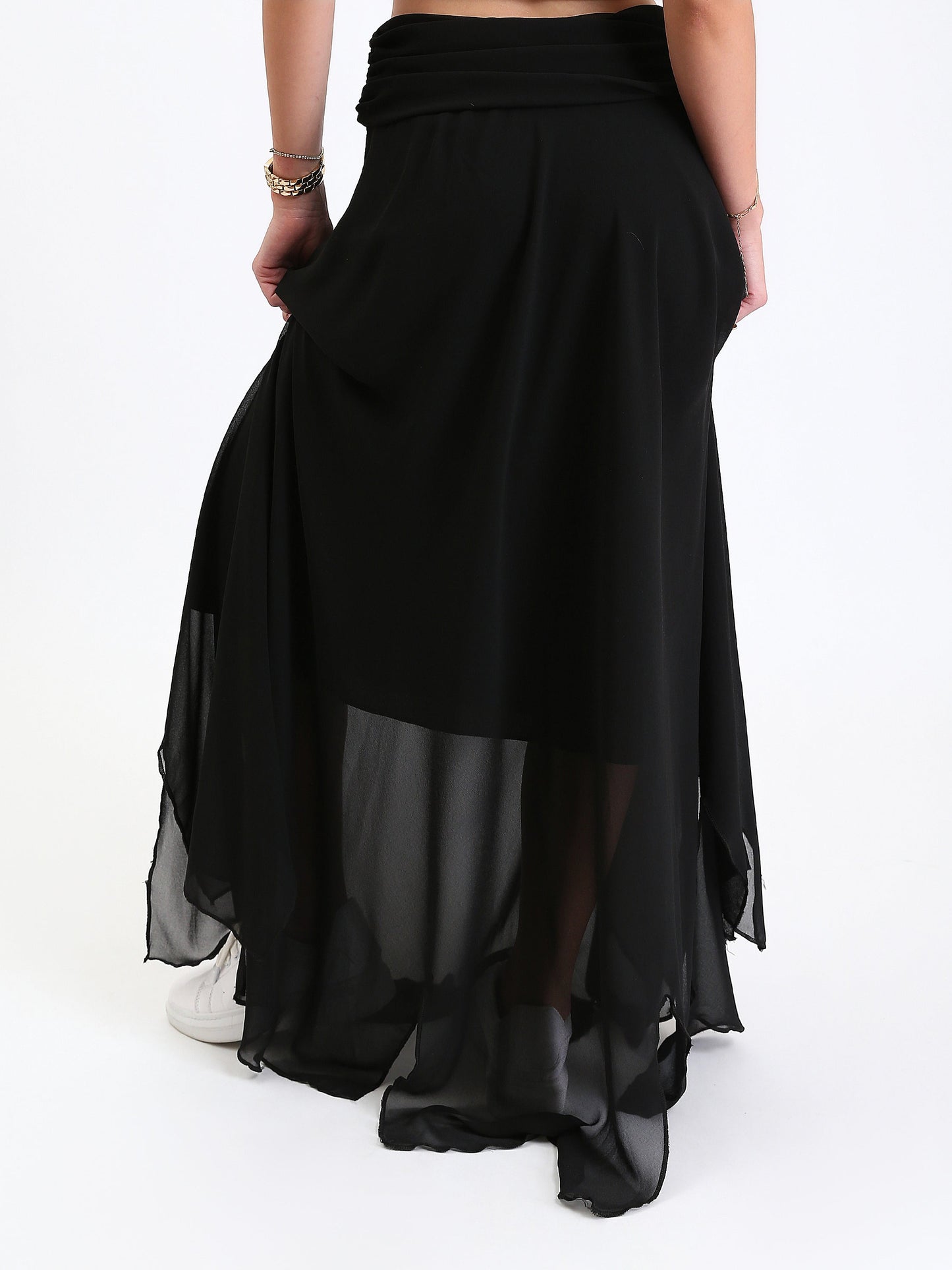 Chiffon Wide Waist Slip On Maxi Skirt - Black