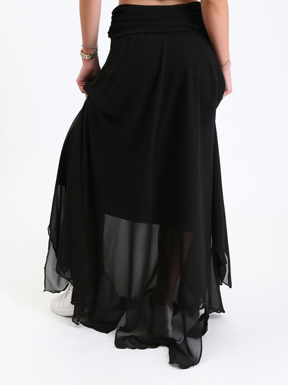 Chiffon Wide Waist Slip On Maxi Skirt - Black