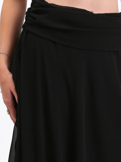 Chiffon Wide Waist Slip On Maxi Skirt - Black