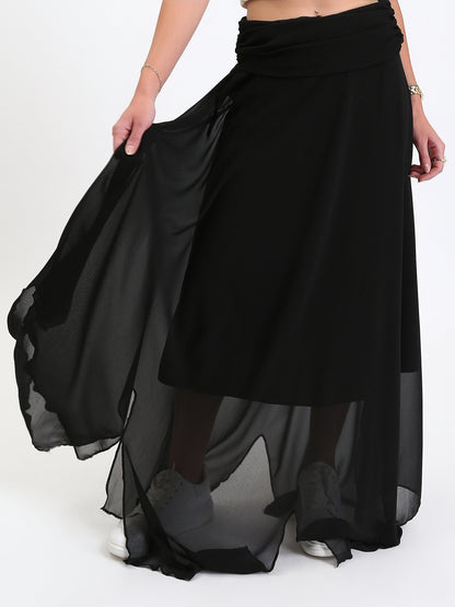 Chiffon Wide Waist Slip On Maxi Skirt - Black