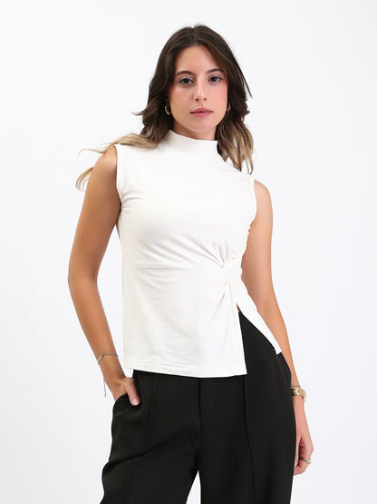 Cotton Mock Neck with Twist Knot Top - White