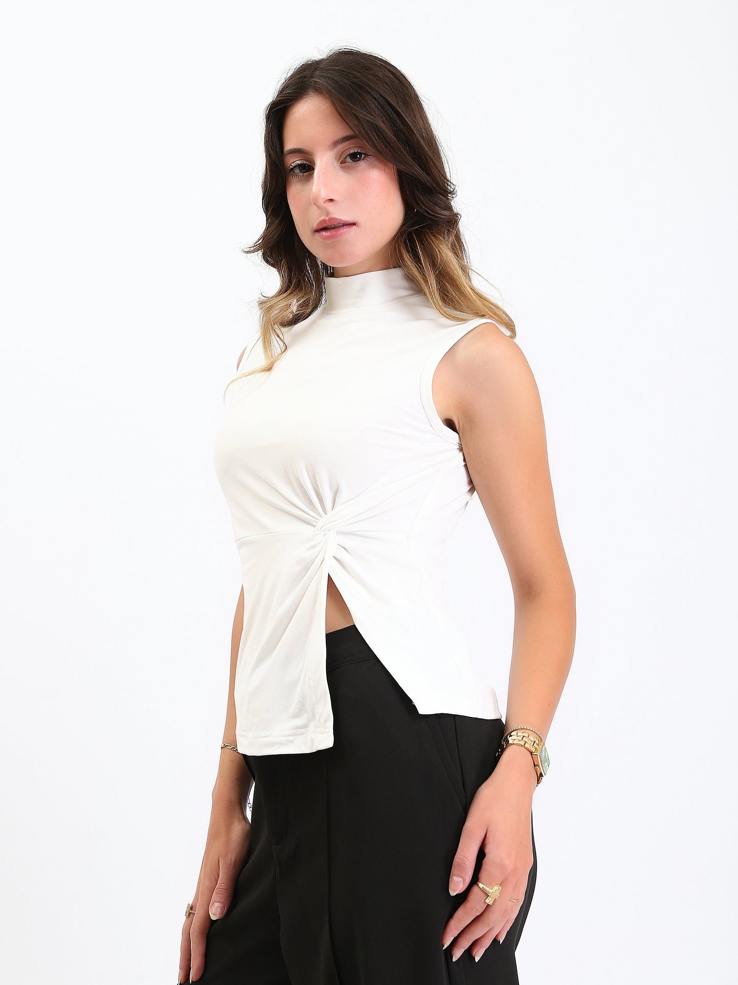 Cotton Mock Neck with Twist Knot Top - White