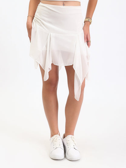 Chiffon Slip On Asymmetric Mini Skirt - Off-White