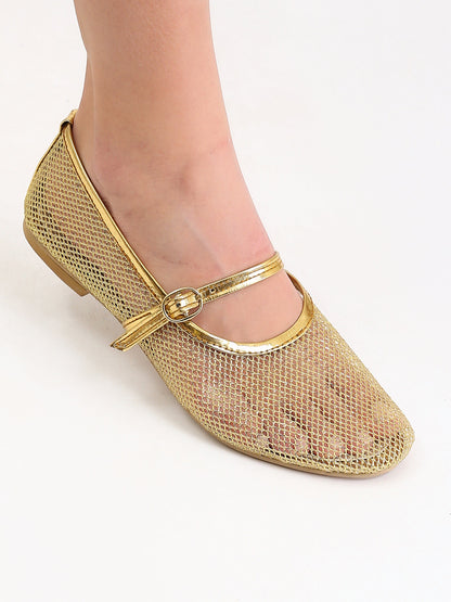 Perforated Round Toe Summer Flats - Gold