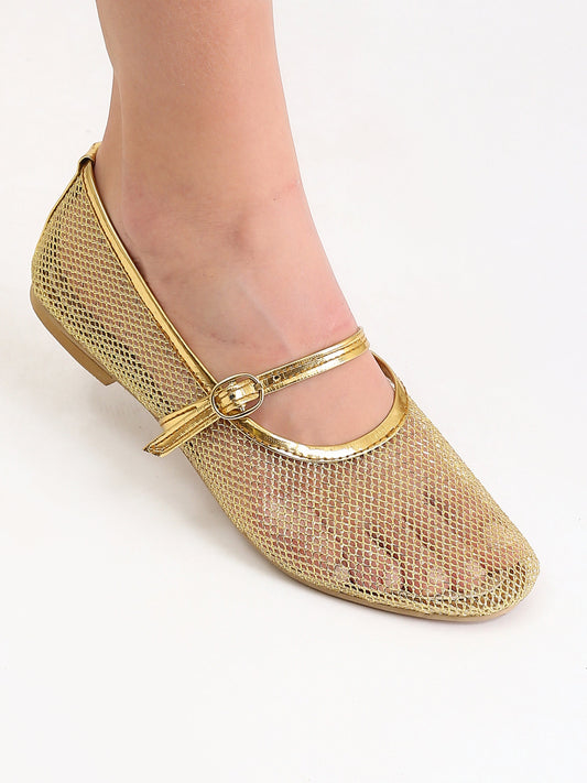 Perforated Round Toe Summer Flats - Gold