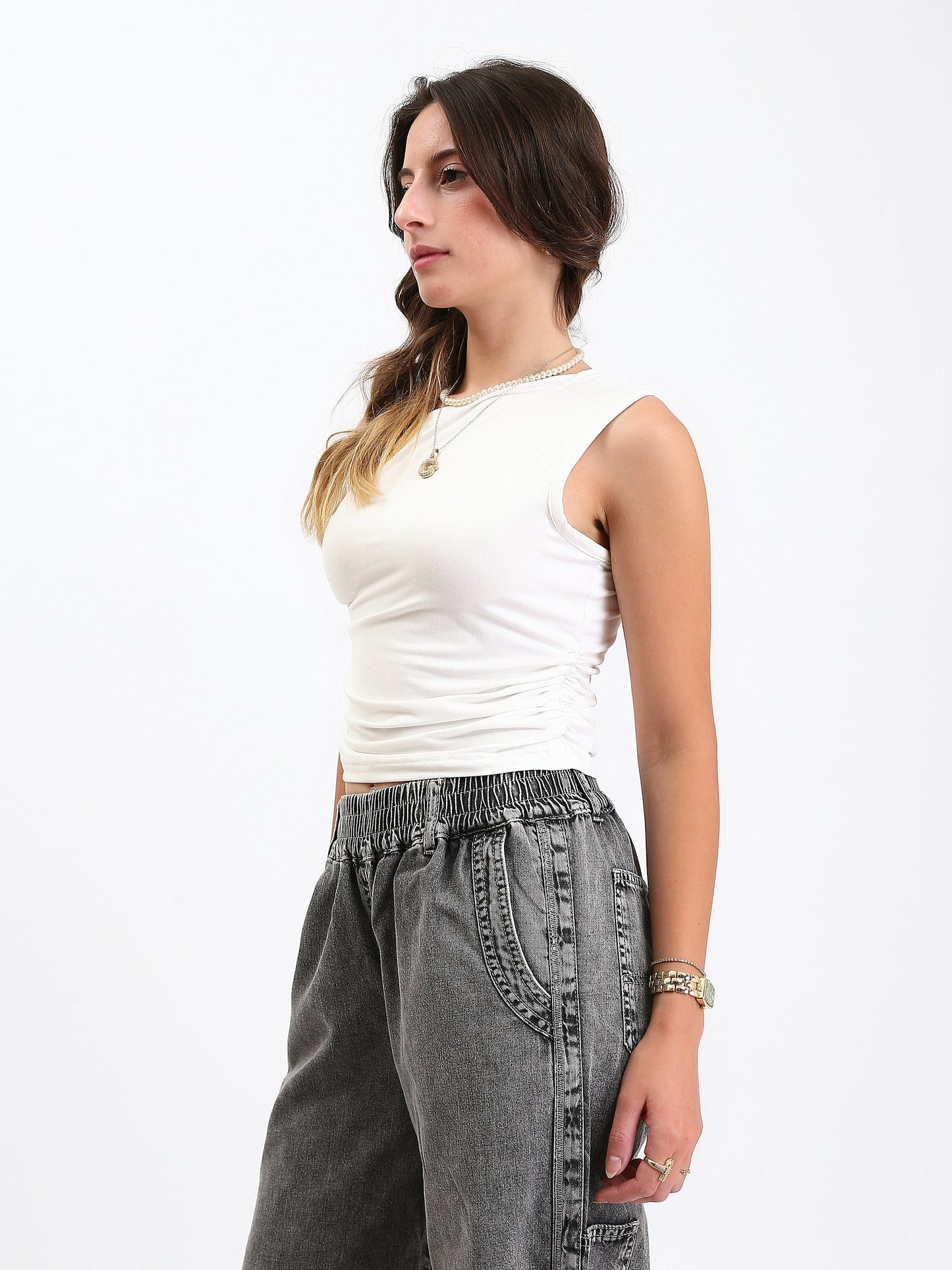 Cotton Off-Shoulder Fitted Ruched Top - White