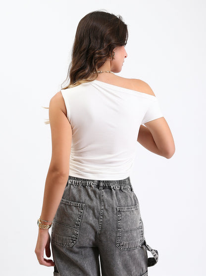 Cotton Off-Shoulder Fitted Ruched Top - White