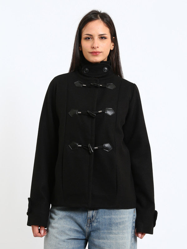Wool Blend Felt Plain Toggle Jacket – Black