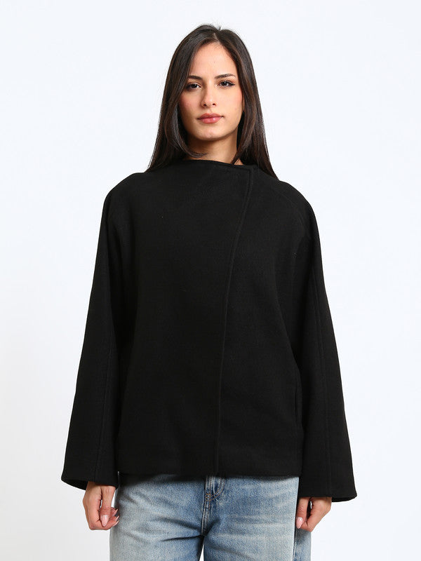 Wool Blend Felt Plain Wrap Jacket – Black