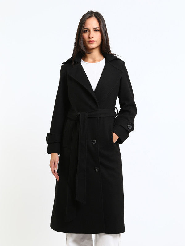 Wool Blend Felt Plain Belted Trench Coat – Black