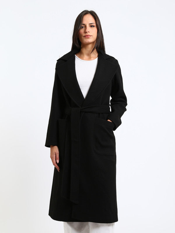 Wool Blend Felt Plain Belted Long Coat – Black