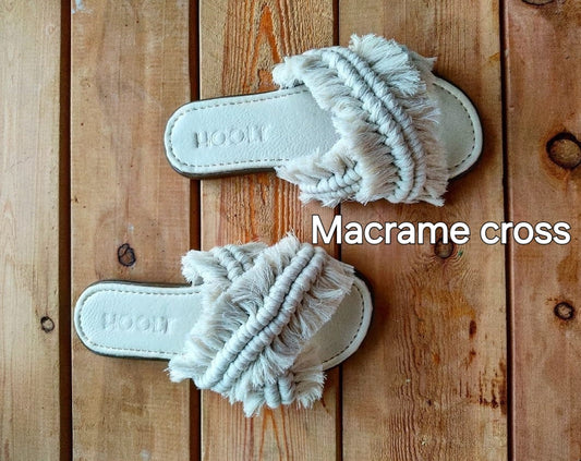 Macrame Boho Cross Slippers - Off White
