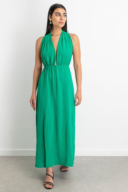 Linen Sexy Long Dress - Green
