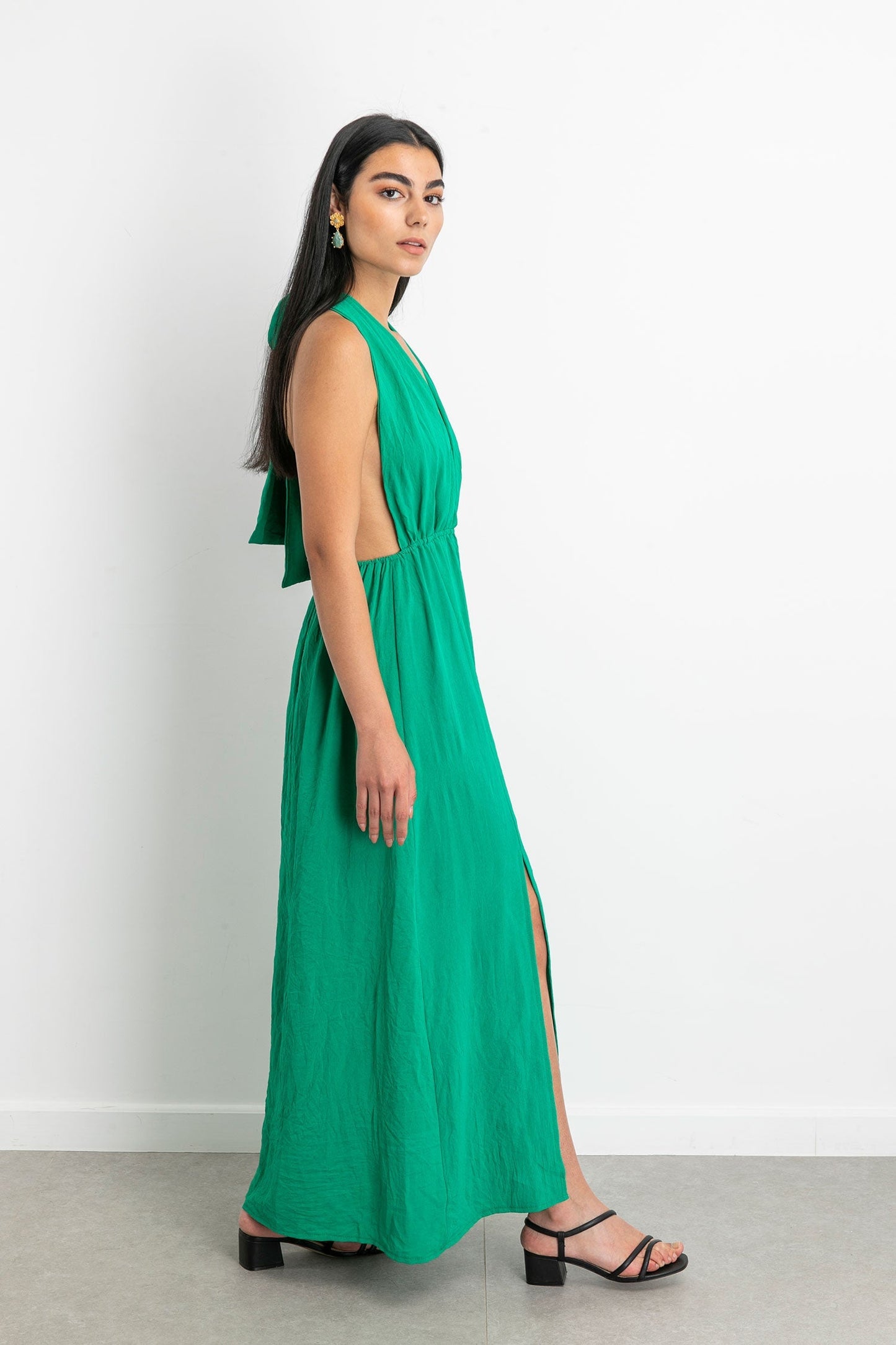 Linen Sexy Long Dress - Green