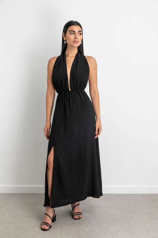 Linen Sexy Long Dress - Black