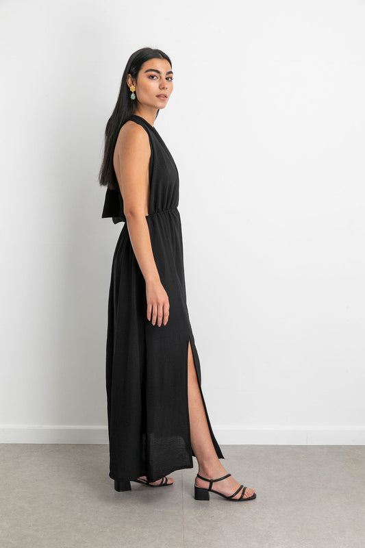 Linen Sexy Long Dress - Black