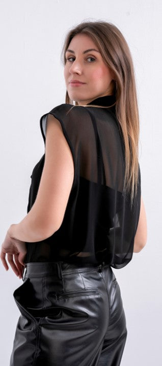 Chiffon Bow Tie Sleeveless Blouse - Black