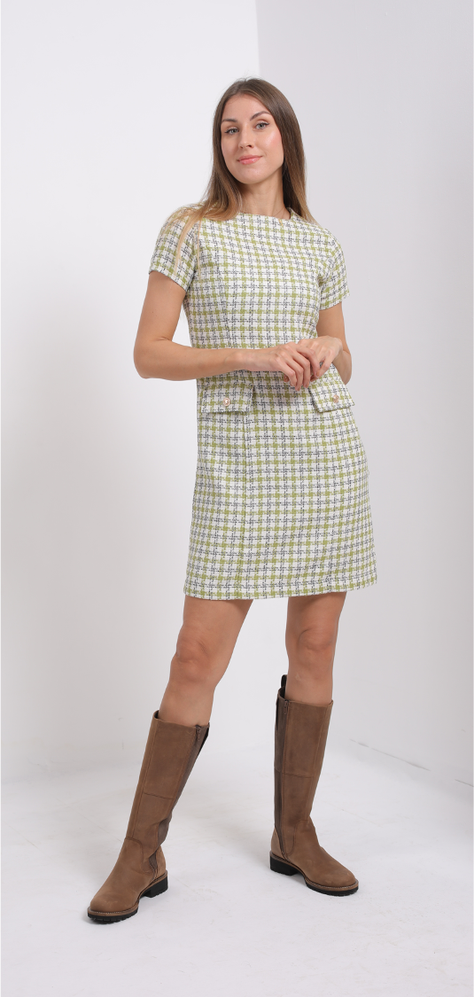 Synthetic Tweed Mini Dress  – Green & White