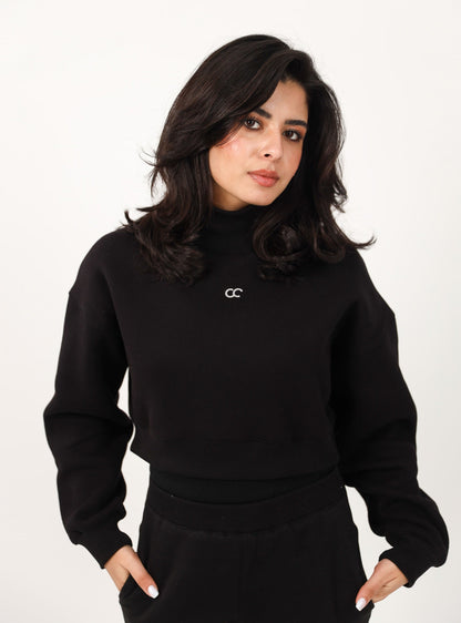 Milton High Collar Cropped Sweatshirt - Black